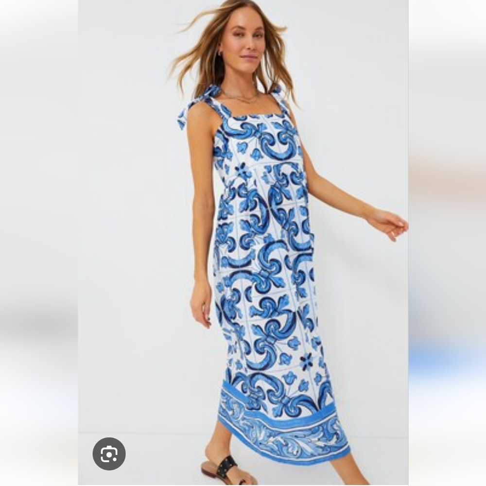 Tuckernuck Capri Blue Majolica Tile Shiulder Tie Caftan Dress